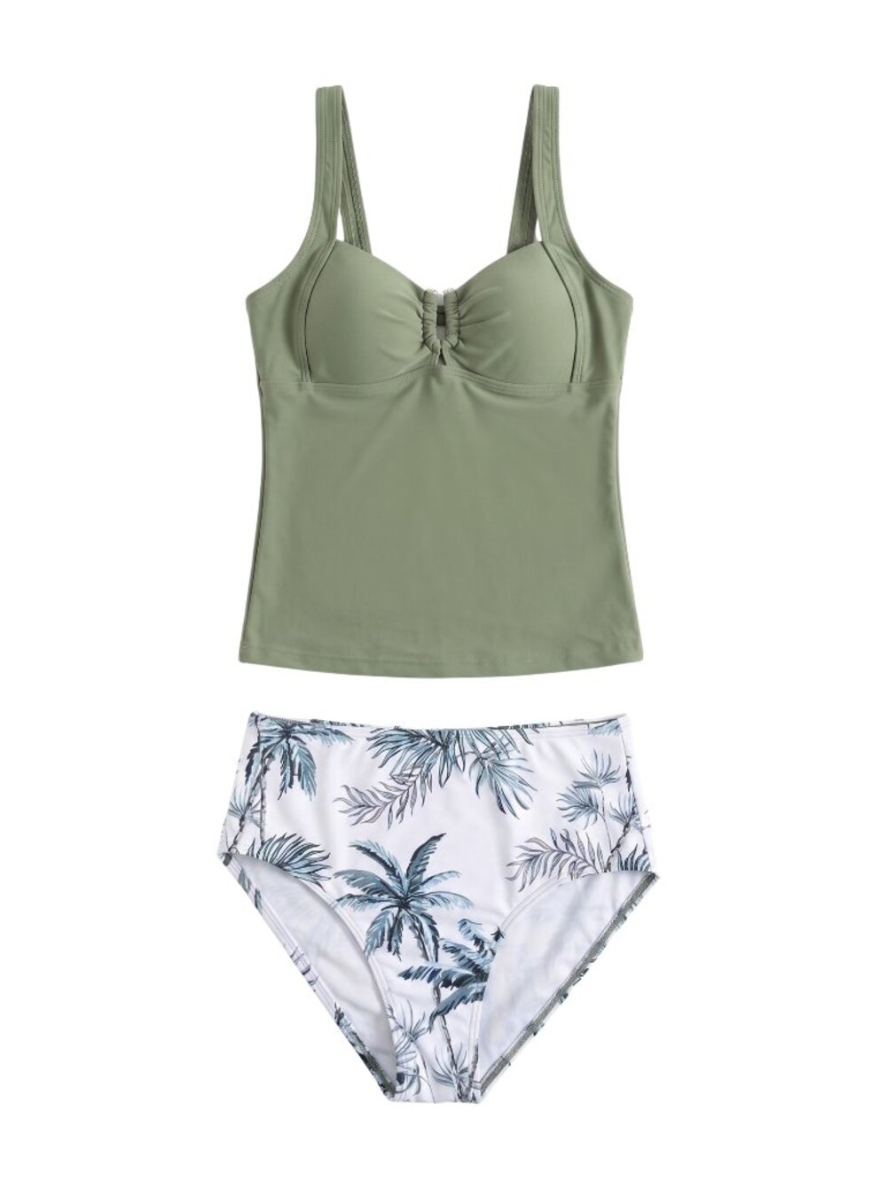 NWOT | Olive Green Tropical Palm Tree Ruched Tankini 2 Piece Swimsuit 9-10Y